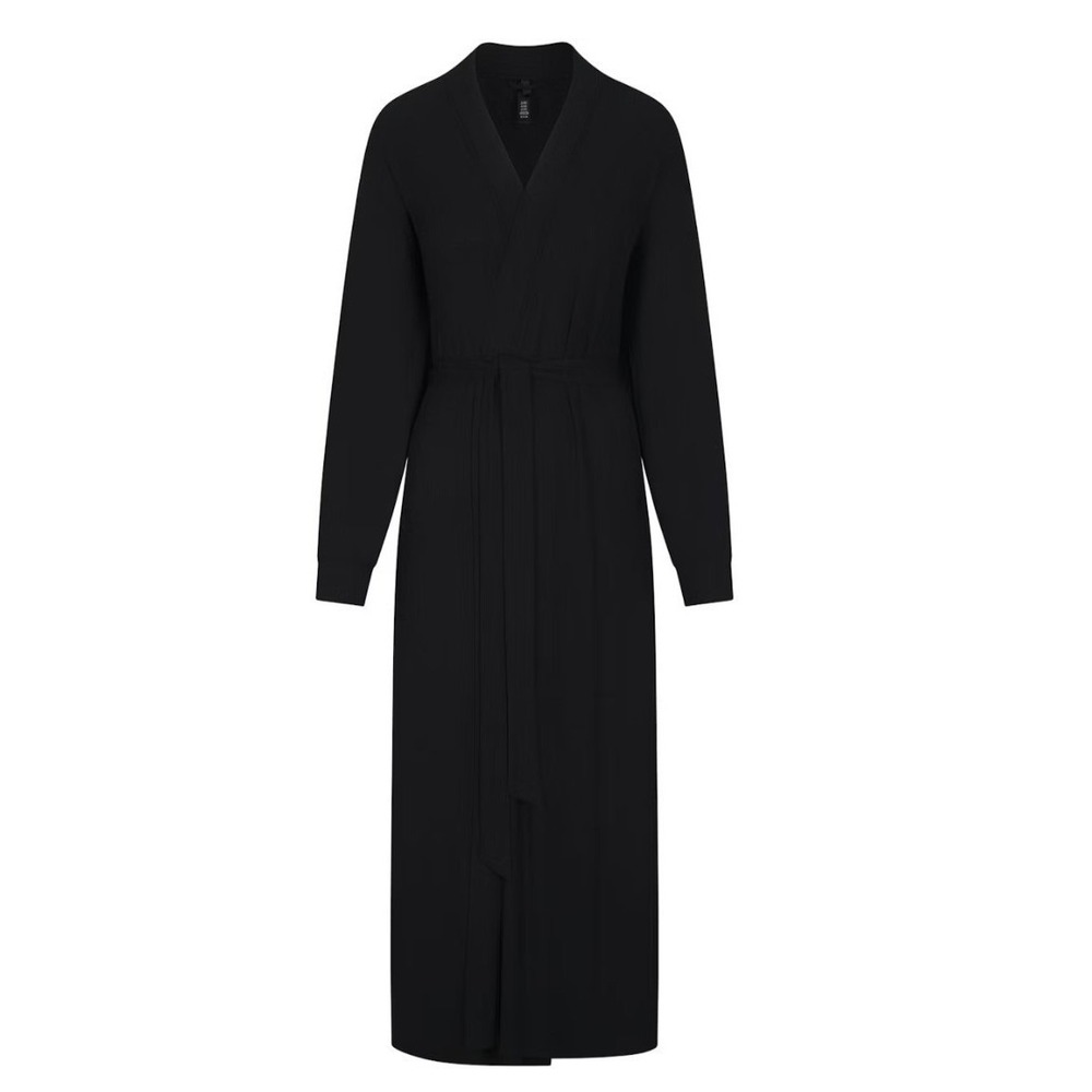 Skims Soft Lounge Long Robe Onyx Black Ribbed Knit Sleepwear RB-ROBE-5848W XS - Picture 2 of 7